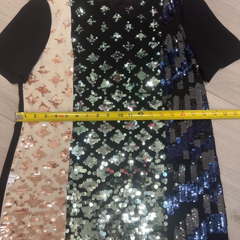 Tory Burch Retro Sequin Colorblock Shift Dress Black Cream Sz 6 Mob Wife Luxury - Picture 10 of 10